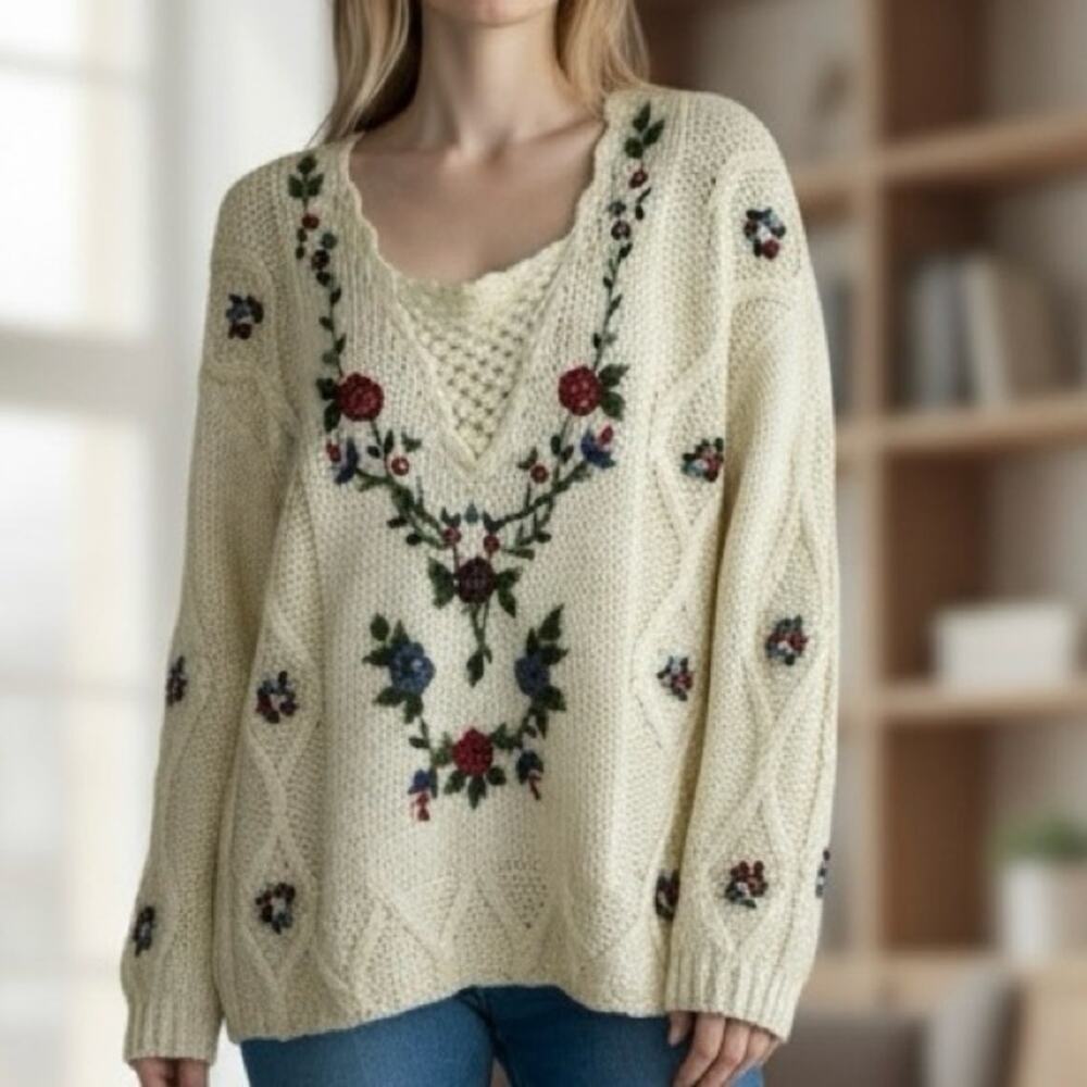 Vintage Hand Knit Floral Sweater Size Large Bobbie Brooks